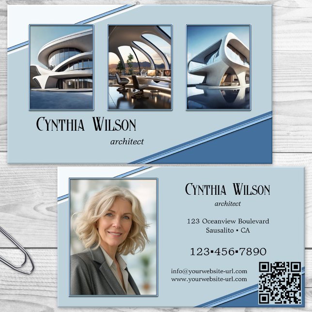 Dina foton Blå Modern Arkitekt Visitkort (Business card featuring your photos framed by a modern blue geometric design - architect - design)