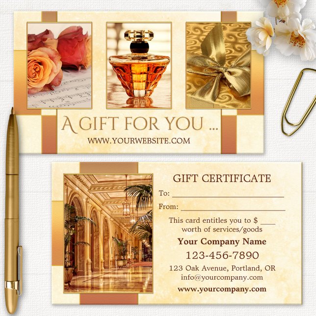 Dina foton Lyxartiklar Presentkort Rabattkort (Gift certificate template featuring your photos on a geometric gold stylized background)