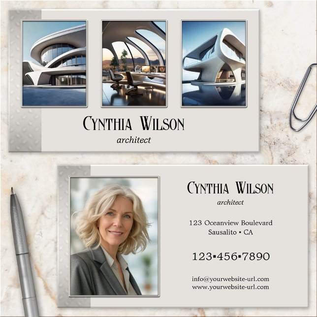 Dina foton Modern Beige Metallisk Arkitekt Visitkort (Architect business card featuring your photos framed by a modern tan design with metal look strip)