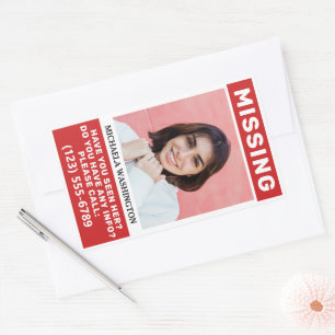 DINA foton och text "SAKNAR PERSON" Rektangulärt Klistermärke
