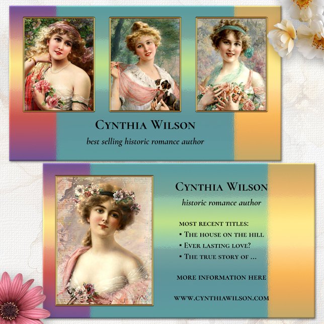 Dina foton Romanauktor Bokomslag Visitkort (Historic romance fiction novelist author book writer photo business card colorful portraits)