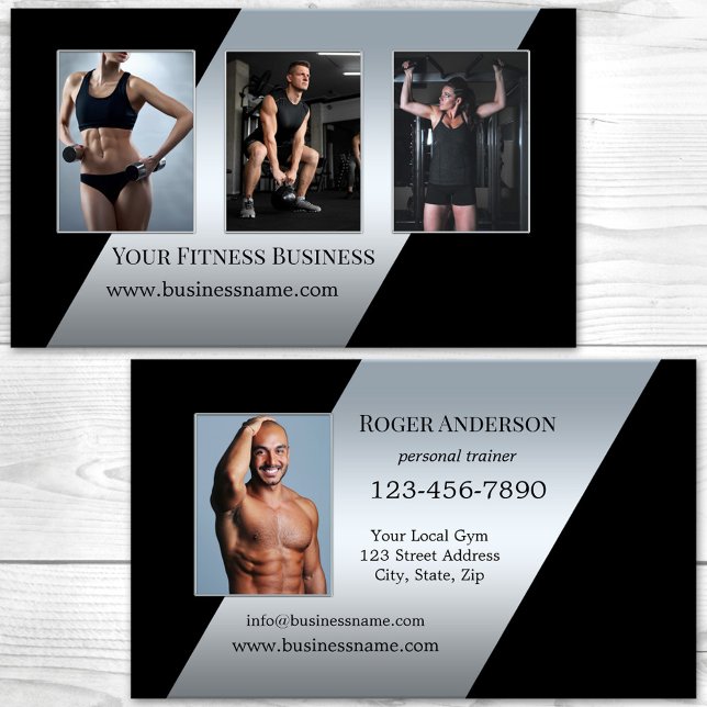 Dina foton Silver Svart Personlig tränare Visitkort (Fitness personal trainer business card featuring your photos on a black with silver modern design)