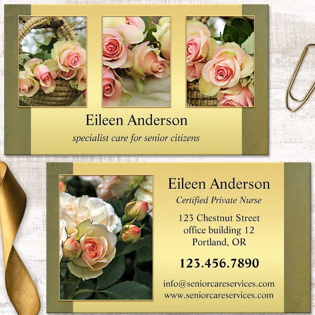 Dina foton Sjuksköterska för äldre Visitkort (Care giver business card featuring your photos framed by a golden lining on elegant green)