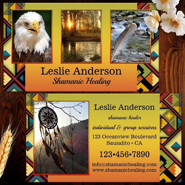 Dina foton Tribal Schamanisk Healing Businesskort Visitkort (Business card featuring your custom photos framed by a colorful tribal design. Great for a shaman)