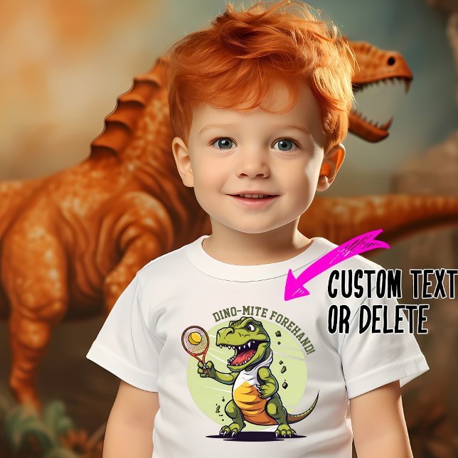 Dina-Mite tennis player T Shirt (Cute t-shirt for kids and adults with t-rex playing tennis and custom text)