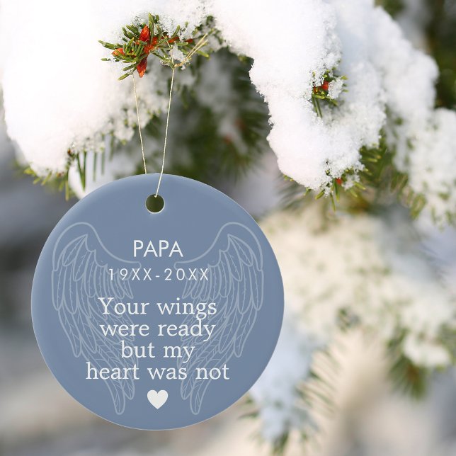 Dina vingar Personligt minneshjärta Blå Julgransprydnad Keramik (Your Wings Personalized Memorial Heart Blue Ceramic Ornament)