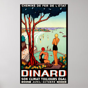 Dinards kustlinje, simmande flickor, vintage resor poster