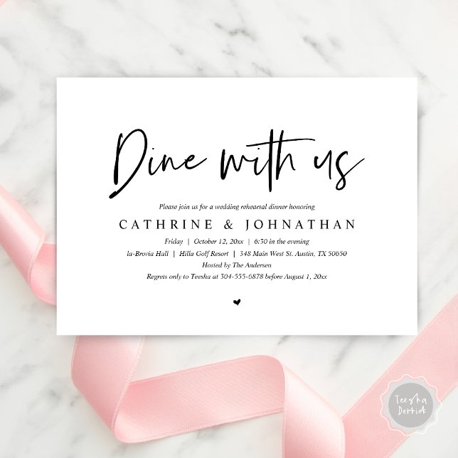 Dine med oss, Bröllop Rehearsal Dinner Inbjudningar (Dine with us, Modern Wedding Rehearsal Dinner Party Invitation Card, PDF, in Black and White)