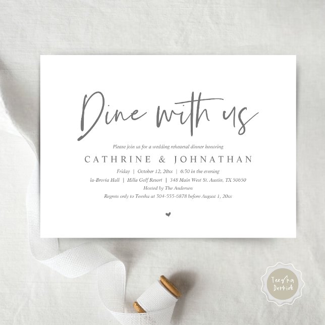 Dine med oss, Bröllop Rehearsal Dinner Inbjudningar (Dine with us, Modern Wedding Rehearsal Dinner Party Invitation Card, PDF, in Dark Grey)
