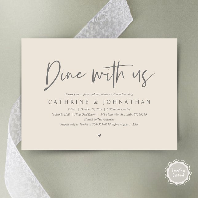 Dine med oss, Bröllop Rehearsal Dinner Inbjudningar (Dine with us, Modern Wedding Rehearsal Dinner Party Invitation Card, PDF, in Cream and Grey)