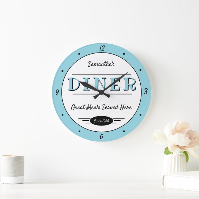 Diner Any Name Date Retro Robin Egg Blue Black Stor Klocka (Hem)