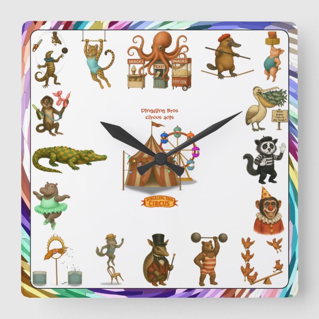 Dingaling Bros Cirkusuppträdanden Fyrkantig Klocka (Framsida)