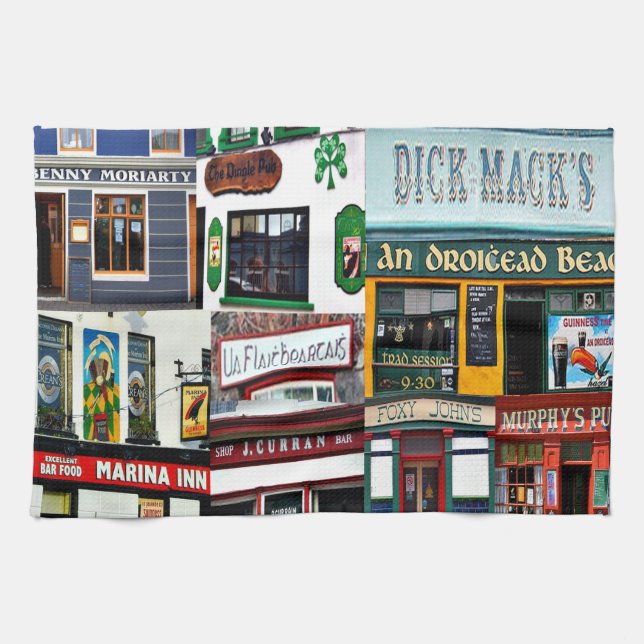 Dingle Pubs, Collage, Irish, Ireland, tea towel. Kökshandduk (Horisontell)