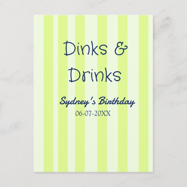 dinks & drinks grön randig födelsedagsnamn datum vykort (Framsida)