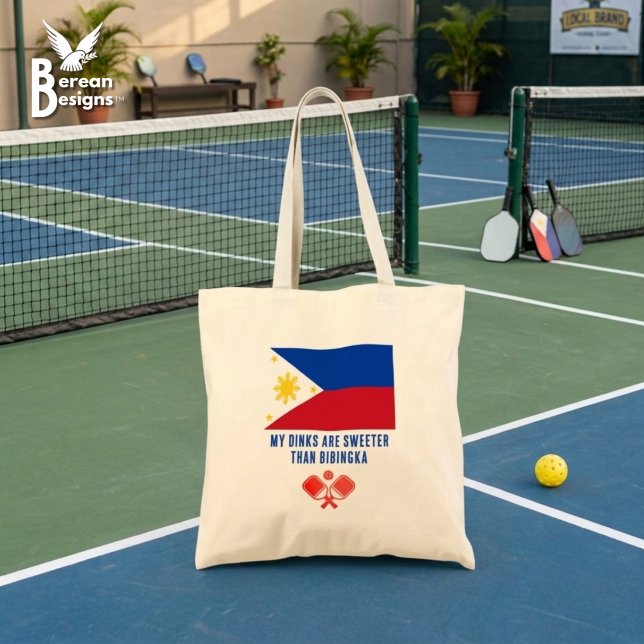 DINKS SÖTARE ÄN BIBINGKA Filippinerna Pickleball Tygkasse (Fun Phillippines Flag Pickleball Tote Bag with customizable text: My dinks are sweeter than bibingka)