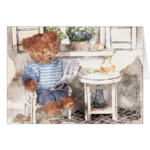 Dinky Bears Watercolor - Reading Bear Hälsningskort