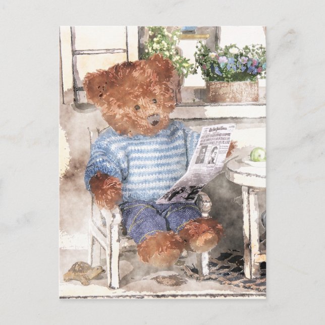 Dinky Bears Watercolor - Reading Bear Vykort (Framsida)
