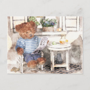 Dinky Bears Watercolor - Reading Bear Vykort