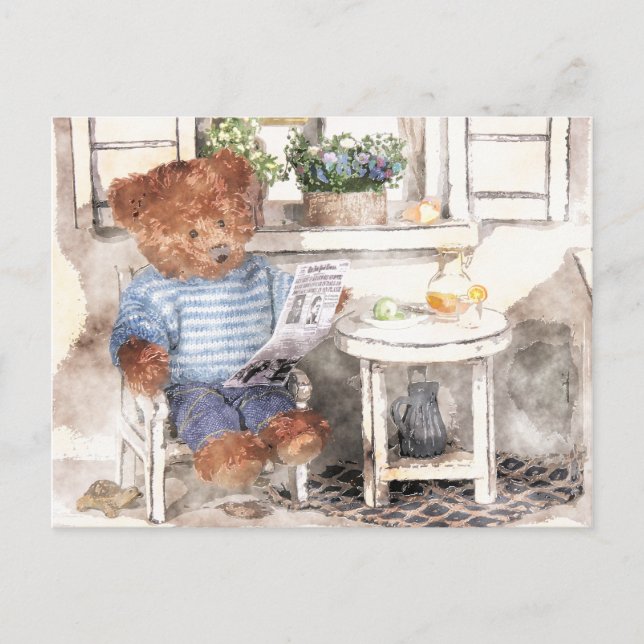 Dinky Bears Watercolor - Reading Bear Vykort (Framsida)