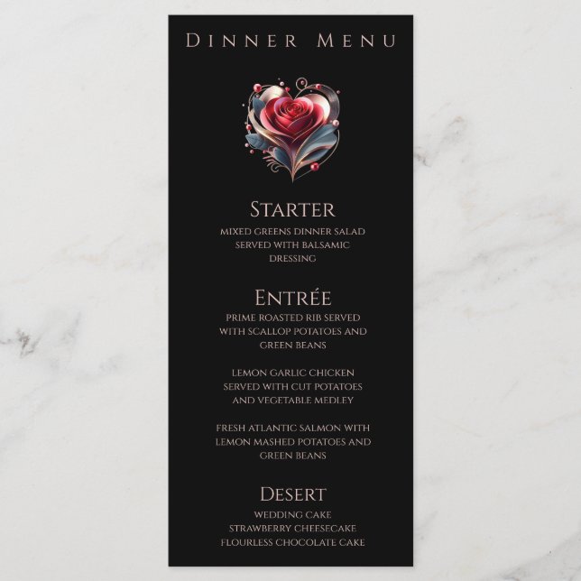Dinner and Bar Menu-Modern Heart Shaped Rose  Meny (Framsida)