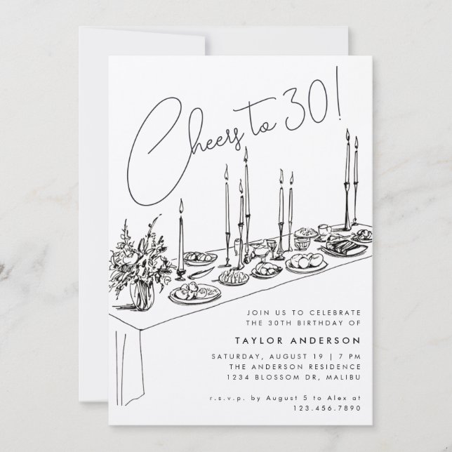 Dinner Bord Cheers Teckning 30års födelsedag Party Inbjudningar (Framsida)