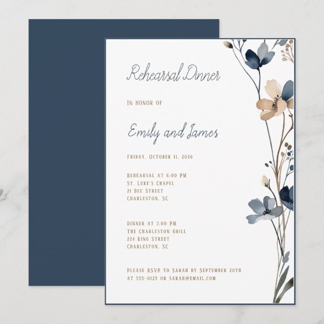 Dinner Dusty Blue Beige Botanical Modern Wedding Inbjudningar (Fram/baksida)