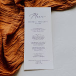 Dinner för delikat plommon Lila Calligraphy Bröllo Meny<br><div class="desc">Det här delikata kalligrafkortet för plommon lila bröllop är perfekt för ett modernt bröllop. Den romantiska minimalistiska utformningen har en snygg och elegant mörk lila-typografi på vit bakgrund med ett rent och enkelt utseende. Den här menyn kan användas för bröllopsmottagning,  repetitionsmiddag eller vad som helst.</div>