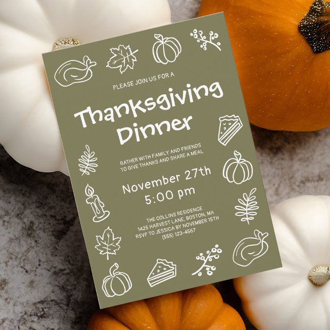 Dinner för den visemiska Hand plockade-Gröntens Th Inbjudningar (Whimsical Hand Drawn Green Thanksgiving Dinner Invitation)