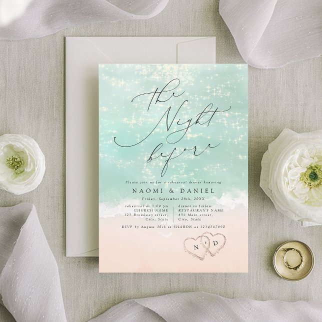 Dinner för förnyad körning av Modern skripthänder Inbjudningar (Modern Script Sand Hearts Beach Rehearsal Dinner Invitation)