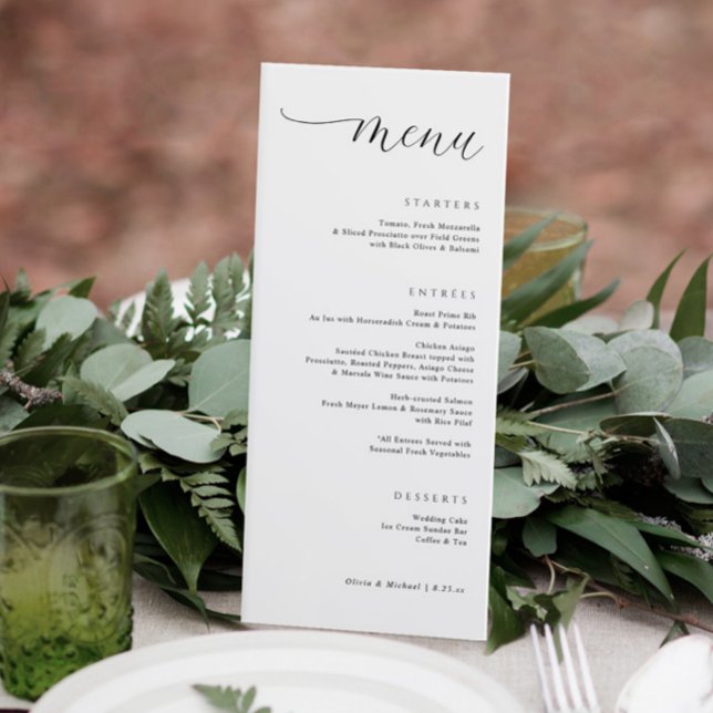 Dinner för justerad Höger i Elegant bröllop Meny (Elegant modern wedding menu with a trendy script. Classy and simple wedding menus.)