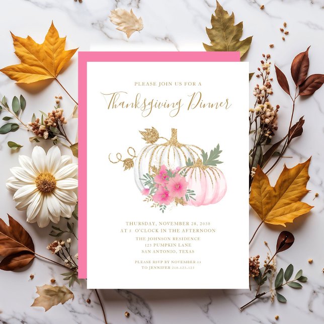 Dinner för kute Rosa Blommigt Pumpkin-Thanksgiving Inbjudningar (Cute Pink Floral Pumpkin Thanksgiving Dinner Invitation)