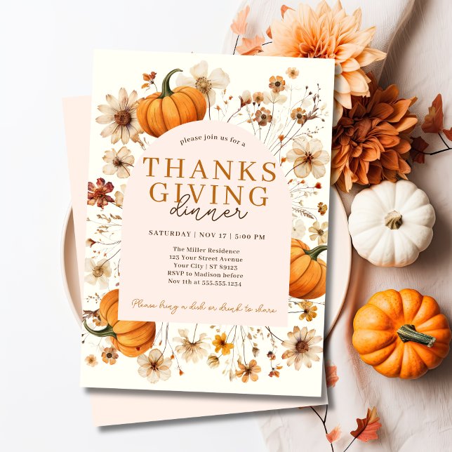 Dinner för modern Blommigt Pumpkin-Thanksgiving Inbjudningar (Modern Floral Pumpkin Thanksgiving Dinner Invitation)
