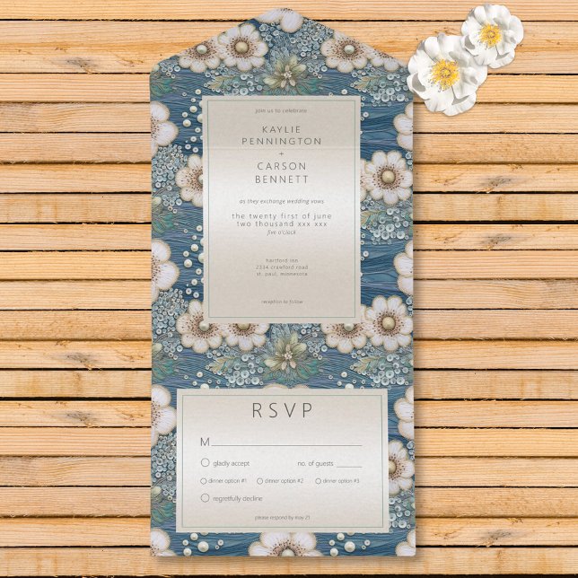 Dinner för modern havssatin och pärlor för Blommig (Modern Ocean Floral Satin & Pearls Dinner All In One Invitation)