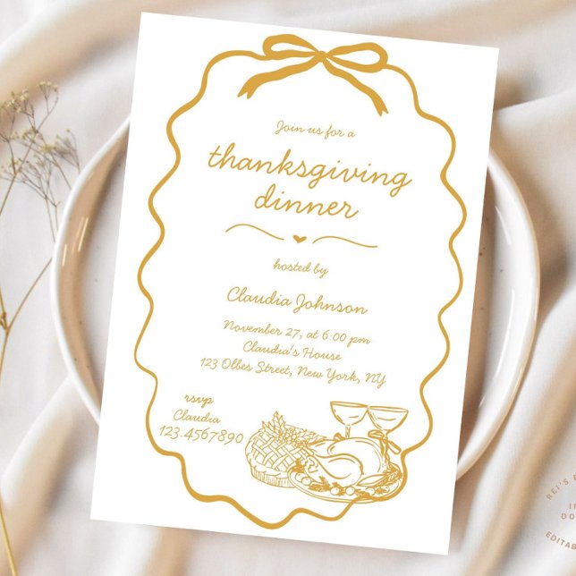 Dinner för modern Thanksgiving i Hand plockade Inbjudningar (Thanksgiving Dinner, Whimsical Thanksgiving, Hand Drawn, Thanksgiving Invitation, Scribble Invitatio)