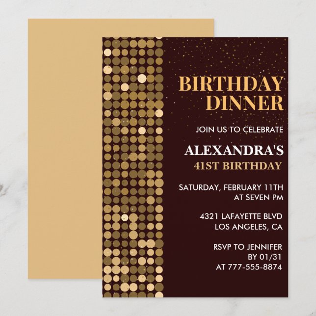 Dinner Glitter Glam Svart Guld 41-årsdag Inbjudningar (Fram/baksida)