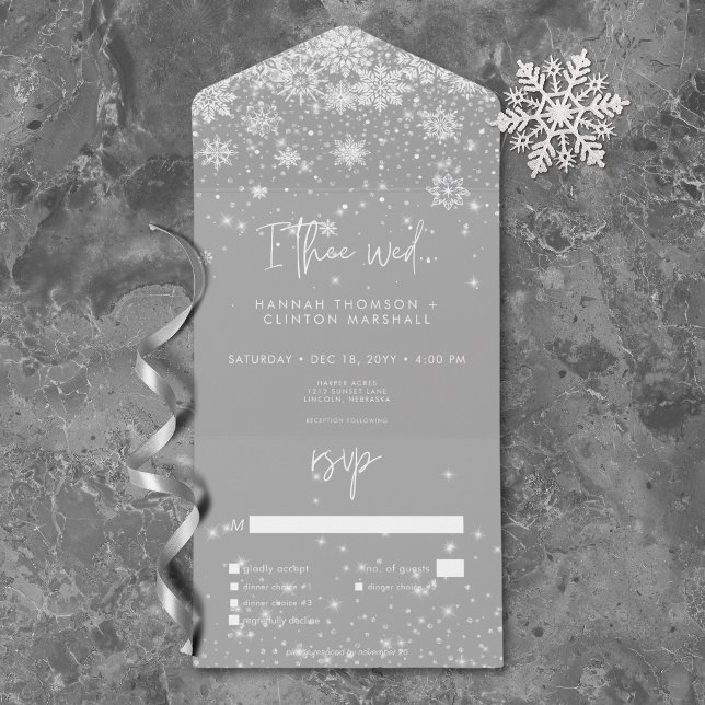 Dinner i den moderna vita Gnistran Snöflingor Bröl (Modern White Sparkle Snowflakes Wedding Dinner All In One Invitation)