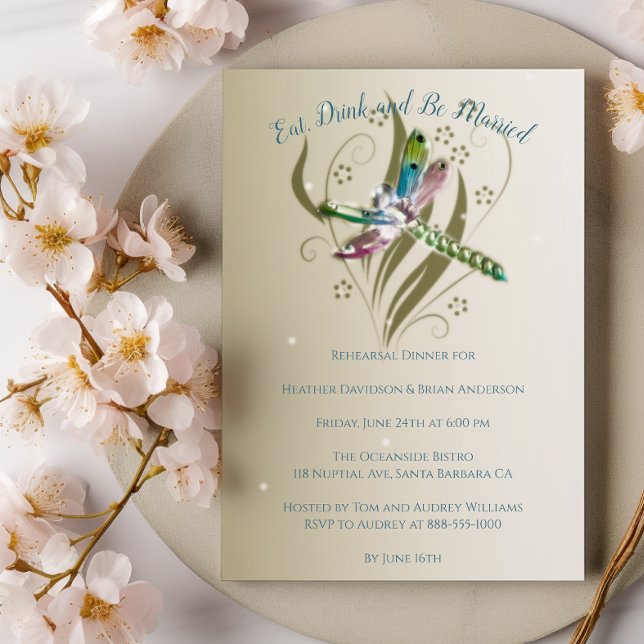 Dinner-inbjudan till judisk Dragonfly Rehearsal Inbjudningar (Jeweled Dragonfly Wedding Rehearsal Dinner Invitation)