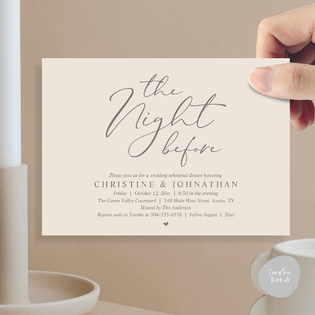 Dinner kvällen före bröllopsrepetitionen Romantisk Inbjudningar (The Night Before Wedding Rehearsal Romantic Dinner Invitation Card in Cream Grey)