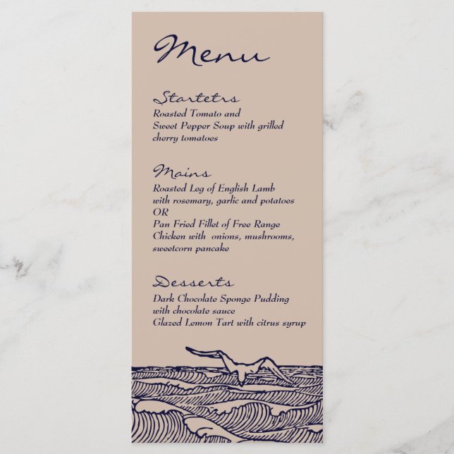 Dinner Menu för Rustic Beach Ocean Vinkarare Bröll Meny (Framsida)