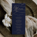 Dinner Menu i Bröllop i Romantic Navy Calligraphy Meny<br><div class="desc">Det romantiska marinens kalligrafi-menykort för bröllop är perfekt för ett enkelt bröllop. Den moderna klassiska designen har finare-snurrar och vitaktiga blomningar med elegant elegant-handskriven faux champagne guld-folie-typografi. Den här menyn kan användas för bröllopsmottagning, repetitionsmiddag eller vad som helst. Obs! Den här designen har inte äkta guld-folie. Det är en grafik...</div>