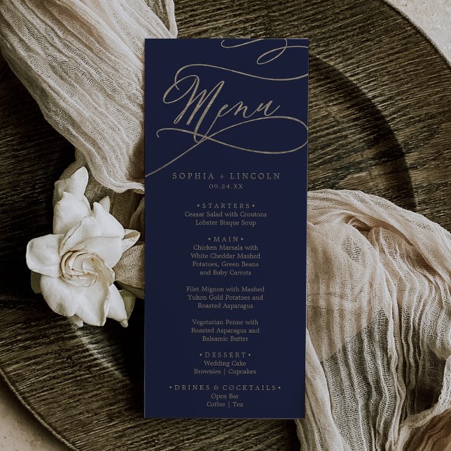 Dinner Menu i Bröllop i Romantic Navy Calligraphy Meny (Skapare uppladdad)