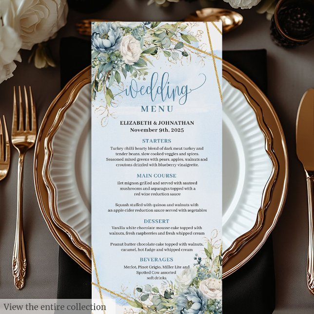 Dinner Menu-meny för vita peonier Guld Ram Meny (Whimsical Blue Peonies Gold Frame Dinner Menu

)