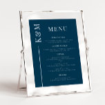 Dinner-menyn för blå linje Bröllop<br><div class="desc">Menylista för elegant bröllop-middagen med enkel ren linje med parets första linje på sidan. Bakgrunden är marin blå.</div>