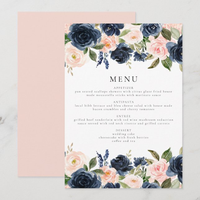 Dinner-menyn för  Blommigt i Romantic & Sweet Navy Inbjudningar (Fram/baksida)