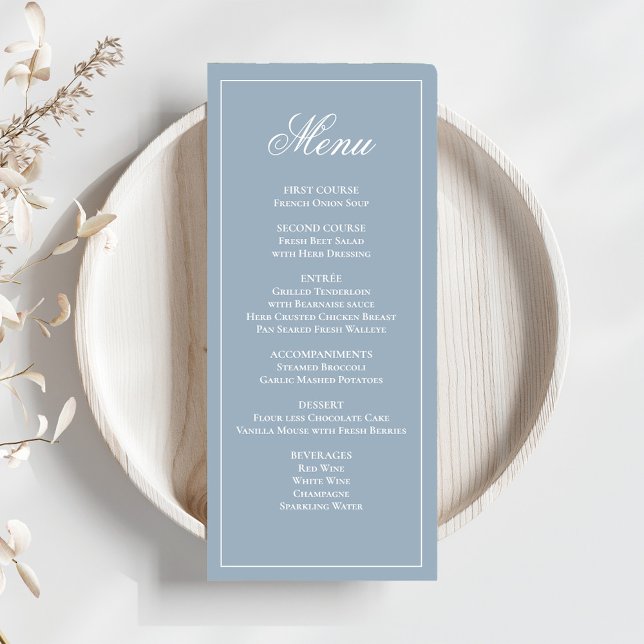 Dinner-menyn för Dusty Blue Bröllop Meny (Elegant dusty blue wedding dinner menu card.)