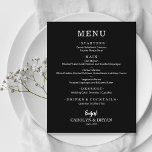 Dinner-menyn för enkel Elegant i svart Bröllop<br><div class="desc">Ett matbord på svarta har en vit chic på menyn. Perfekt för en modern bröllopsdag,  bröllop-repetitionsmiddag,  årsdag party eller speciella evenemang med en sittande middag. Välj NÅGON BAKGRUND FÖR FÄRG,  valfri FÄRG-TEXT,  valfritt TECKENSNITT! Anpassa enkelt till din middagsmeny och information.</div>
