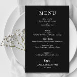 Dinner-menyn för enkel Elegant i svart Bröllop<br><div class="desc">Ett svart menykort för middagen innehåller chicens vita bokstäver. Prisvärd 110 lb. pappra mått 5, 5 x 8, 5 tum. Perfekt för en modern bröllopsdag,  bröllop-repetitionsmiddag,  årsdag party eller speciella evenemang med en sittande middag. MER FÄRG,  större storlekar och priser i vår insamling.</div>