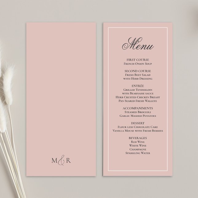 Dinner-menyn för  Rosa Bröllop-skript Meny (Blush pink wedding menu card template. )