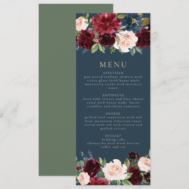 Dinner-menyn för Rustic Burgundy och Navy Blommigt Inbjudningar (Fram/baksida)