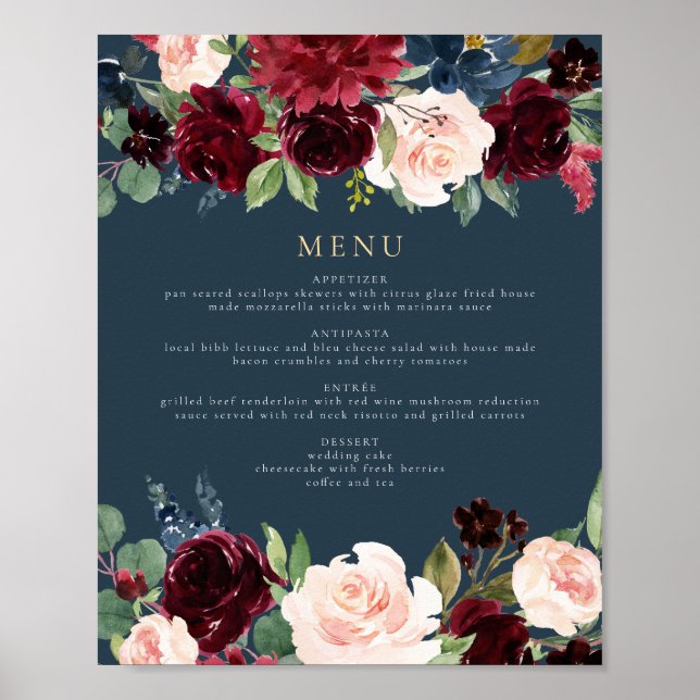 Dinner-menyn för Rustic Burgundy och Navy Blommigt Poster (Framsidan)